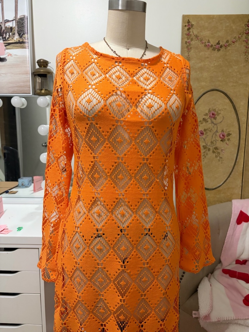 Divided Orange Crochet Long-Sleeve Cover Dress